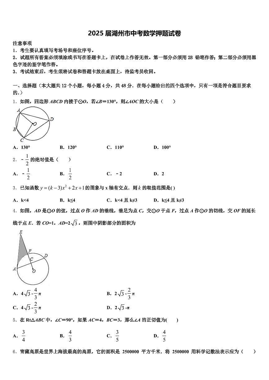 2025届湖州市中考数学押题试卷含解析第1页