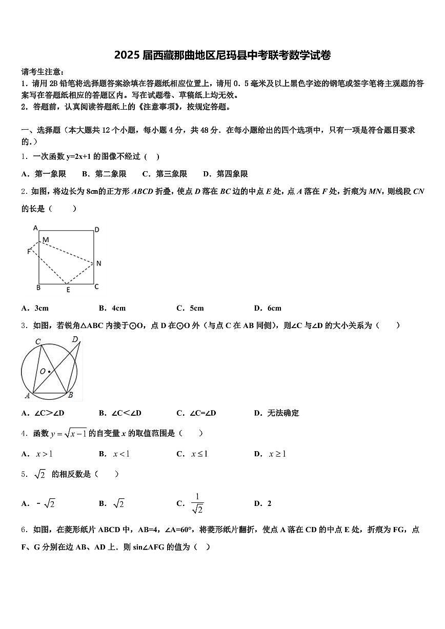 2025届西藏那曲地区尼玛县中考联考数学试卷含解析第1页