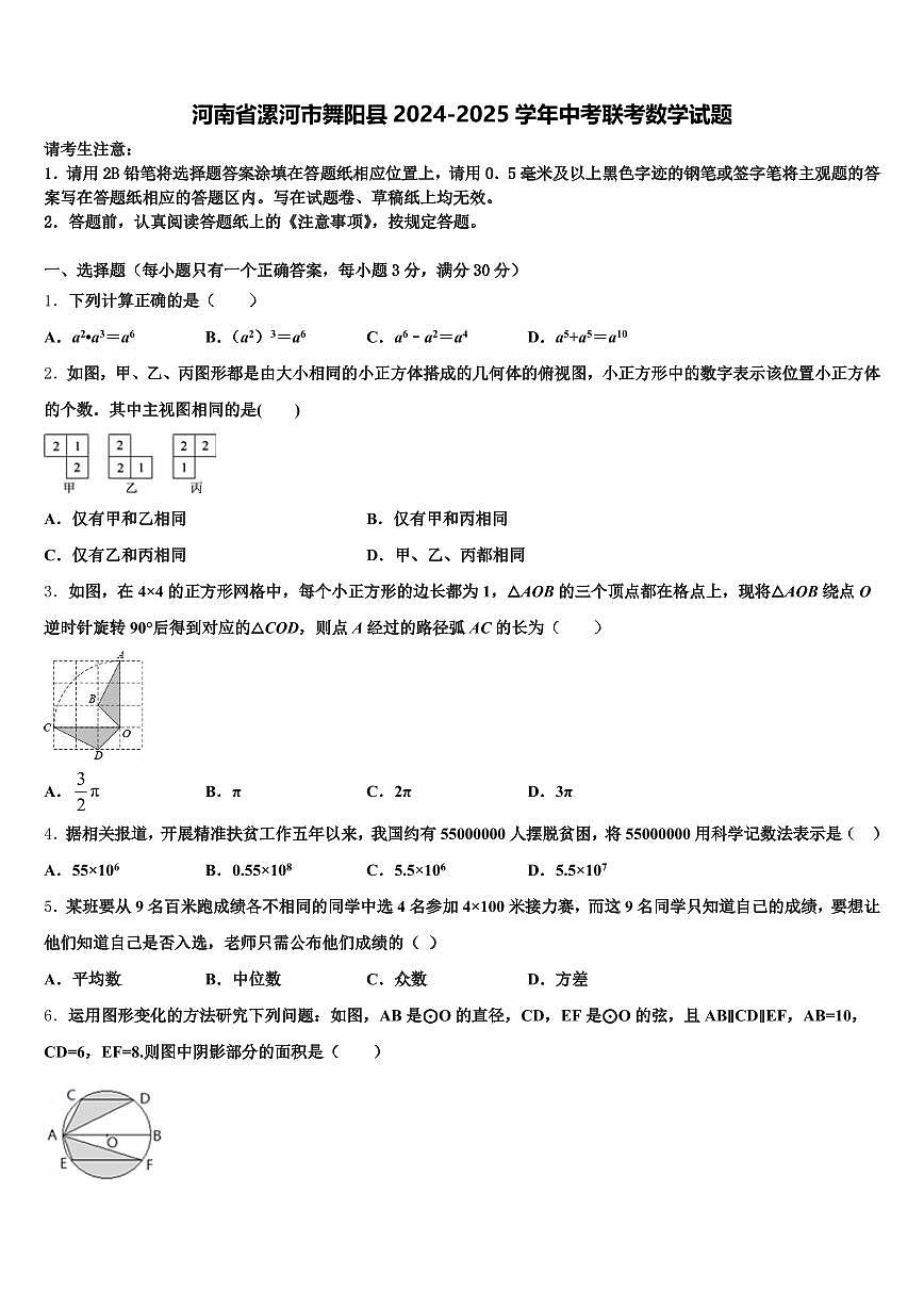 河南省漯河市舞阳县2024-2025学年中考联考数学试题含解析第1页