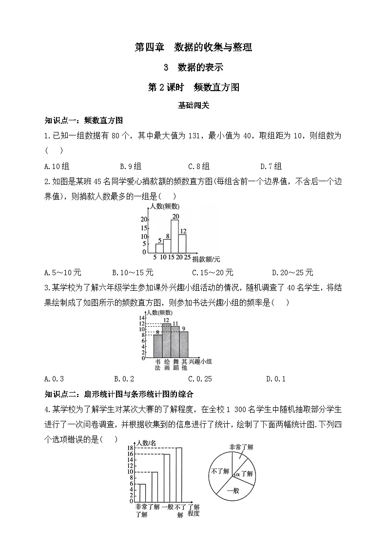 第四章 数据的收集与整理 3 数据的表示 第二课时 频数直方图练习（含答案）第1页