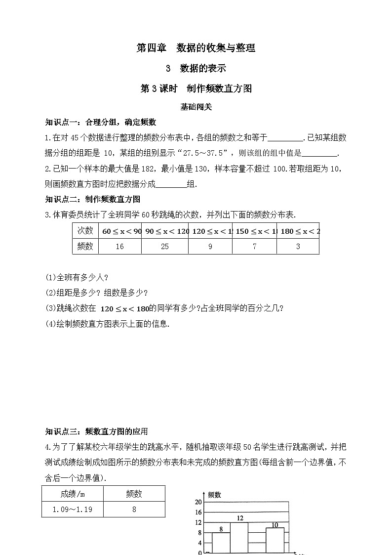 第四章  数据的收集与整理  3  数据的表示  第三课时  制作频数直方图练习（含答案）第1页