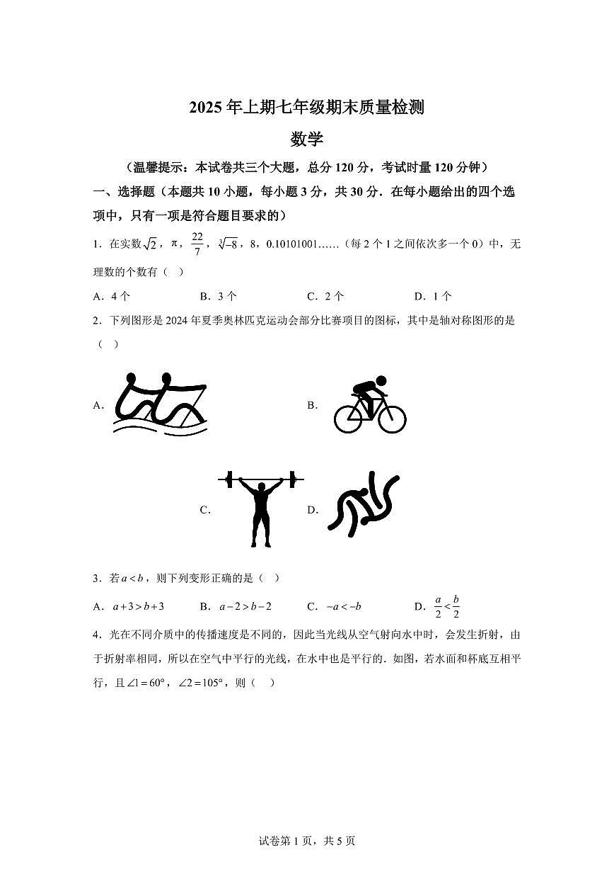 湖南省邵阳市新邵县2024~2025学年七年级下学期期末考试数学试题第1页