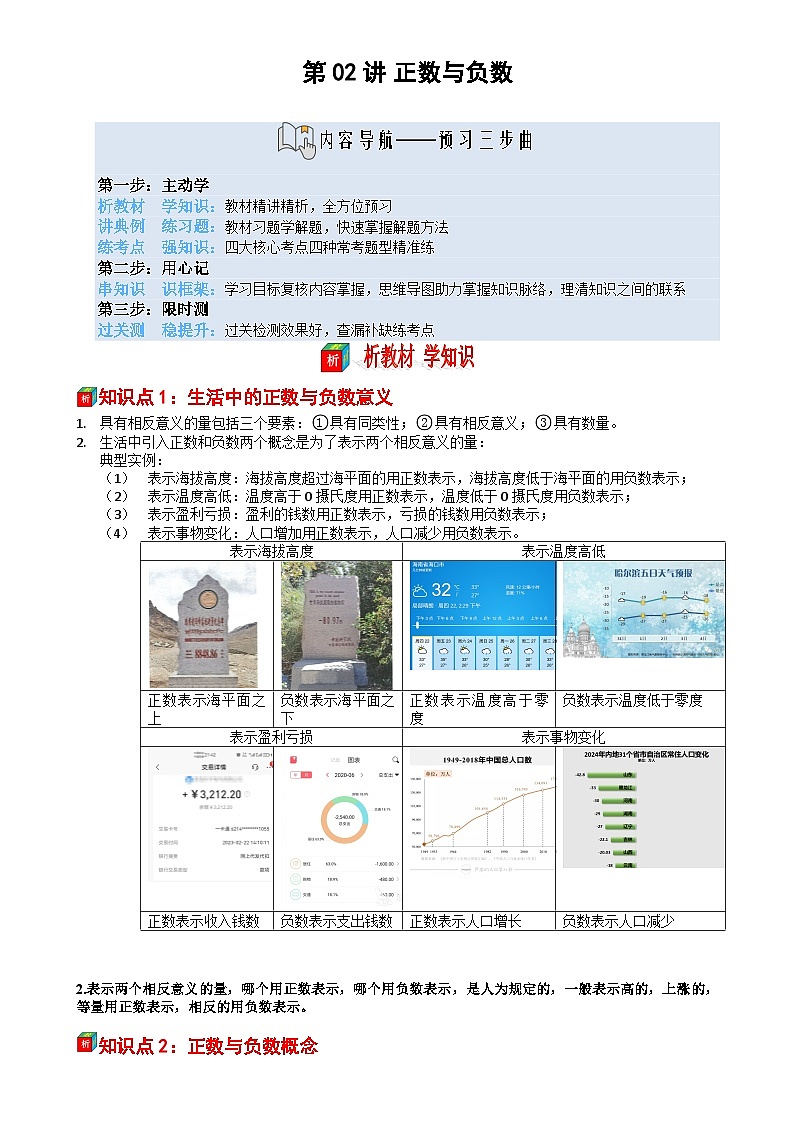 第02讲 正数与负数——【暑假自学课】2025年新七年级数学暑假提升精品讲义（苏科版2024）（解析版）-A4第1页