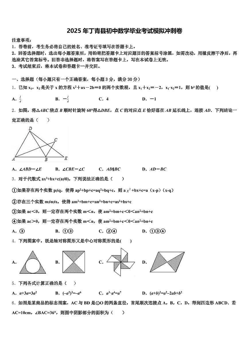 2025年丁青县初中数学毕业考试模拟冲刺卷含解析第1页
