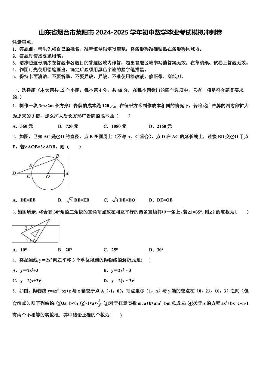 山东省烟台市莱阳市2024-2025学年初中数学毕业考试模拟冲刺卷含解析第1页