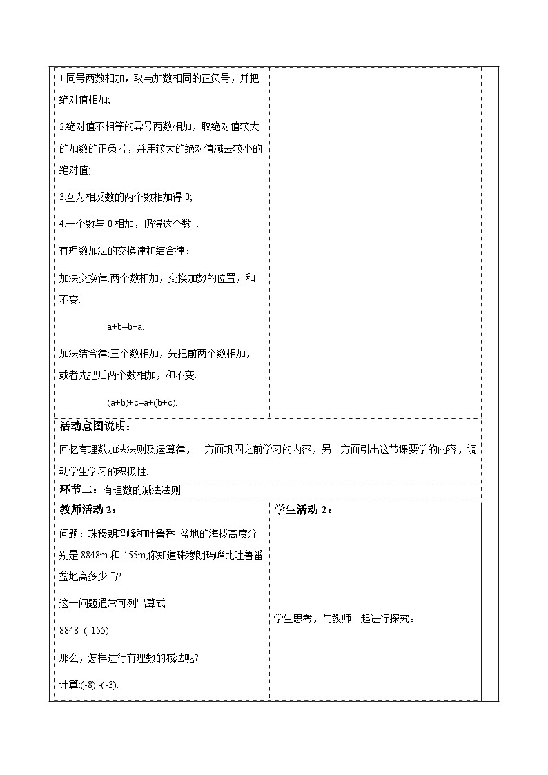 华师大版数学七上（2024）1.7《有理数的减法》 教案第2页