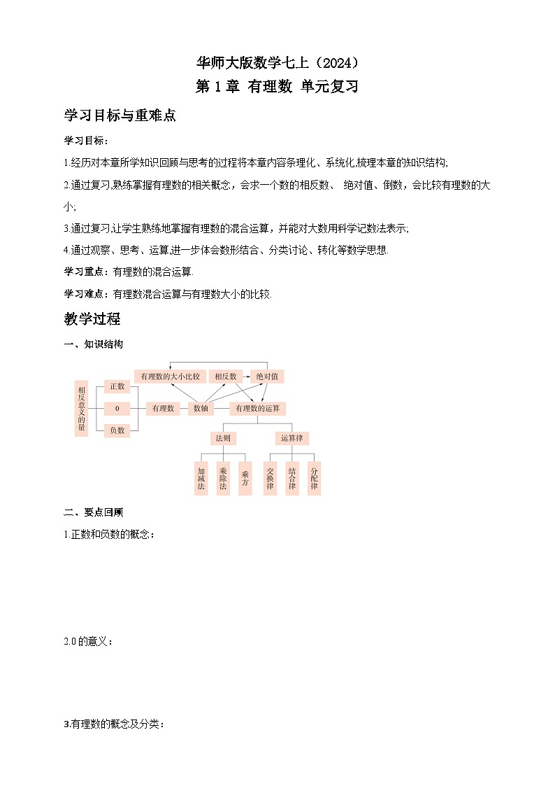 华师大版数学七上（2024）《有理数》单元复习学案第1页