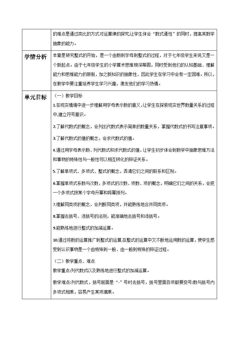 华师大版数学七上（2024）第2章《整式及其加减》大单元教学设计第2页