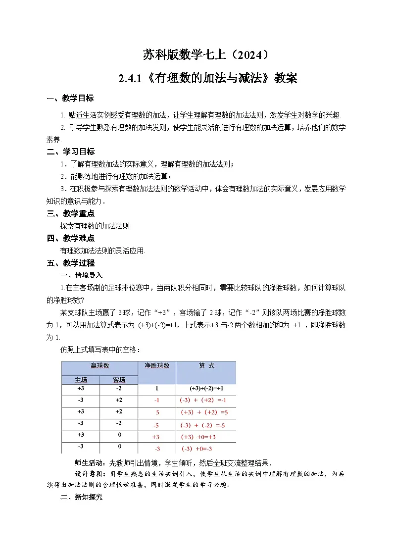 苏科版数学七上（2024）2.4.1《有理数的加法与减法》教案第1页