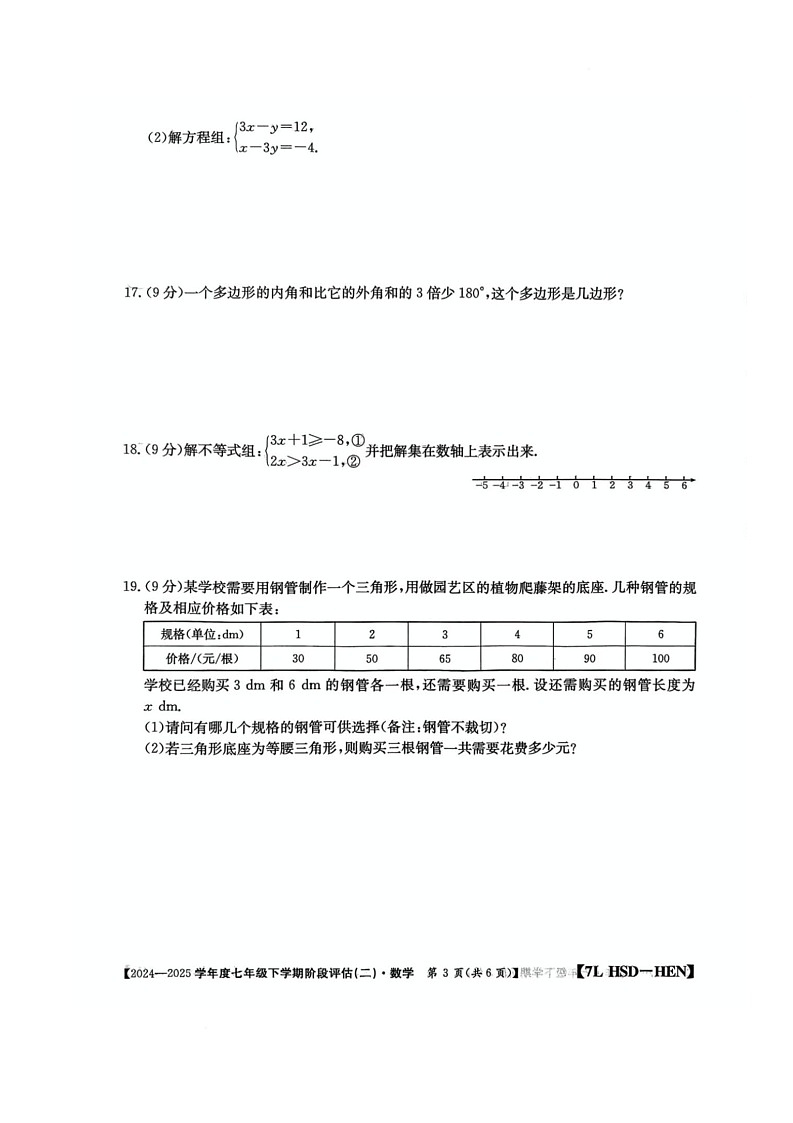 河南省驻马店市泌阳县二校联考2024-2025学年七年级下学期6月月考数学试卷(含答案)第3页