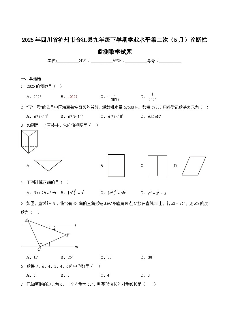 四川省泸州市合江县2025届九年级下学期学业水平第二次（5月）诊断性监测数学试卷(含解析)第1页