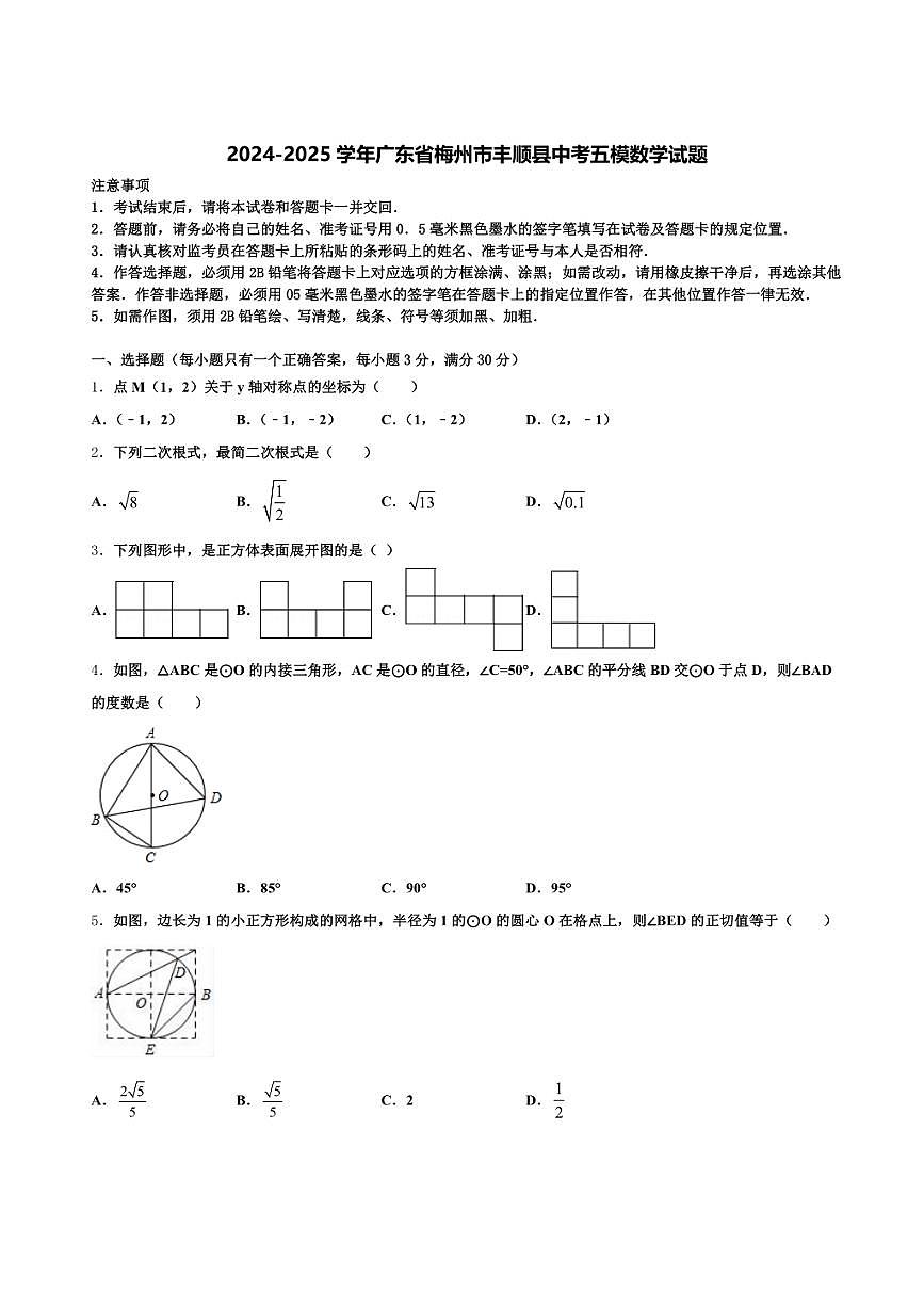 2024-2025学年广东省梅州市丰顺县中考五模数学试题含解析第1页