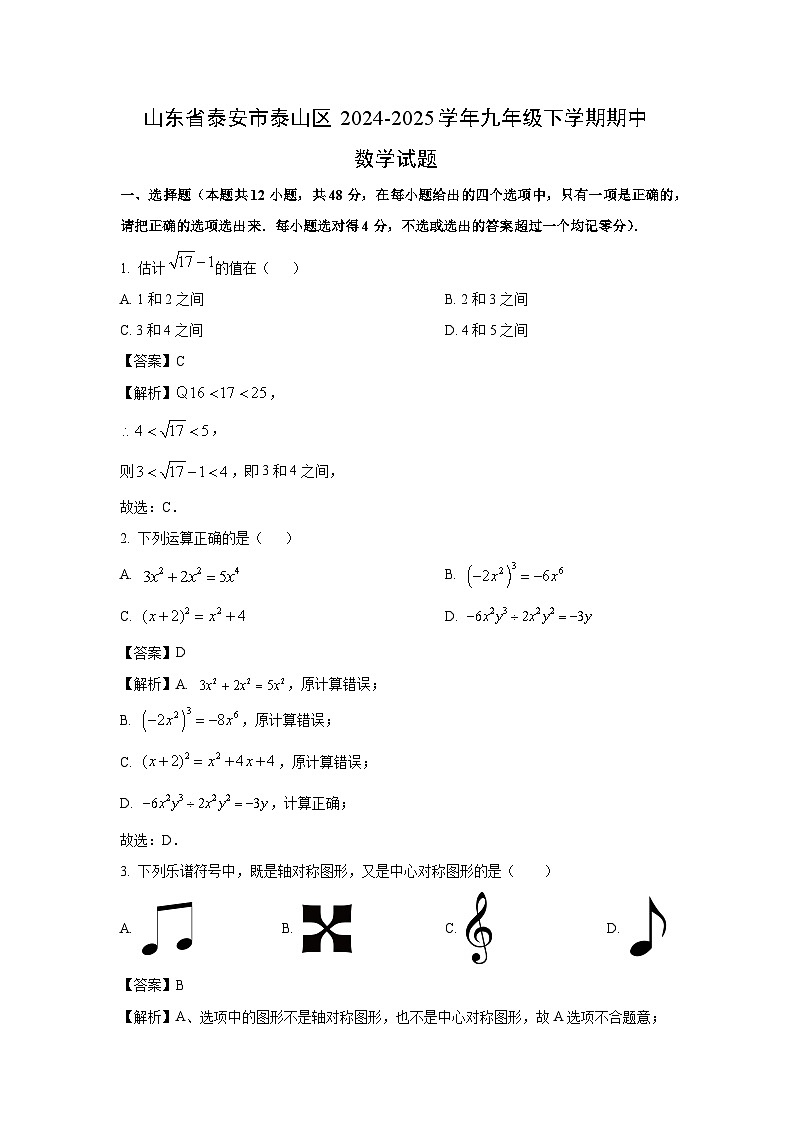 【数学】山东省泰安市泰山区2024-2025学年九年级下学期期中试题（解析版）第1页