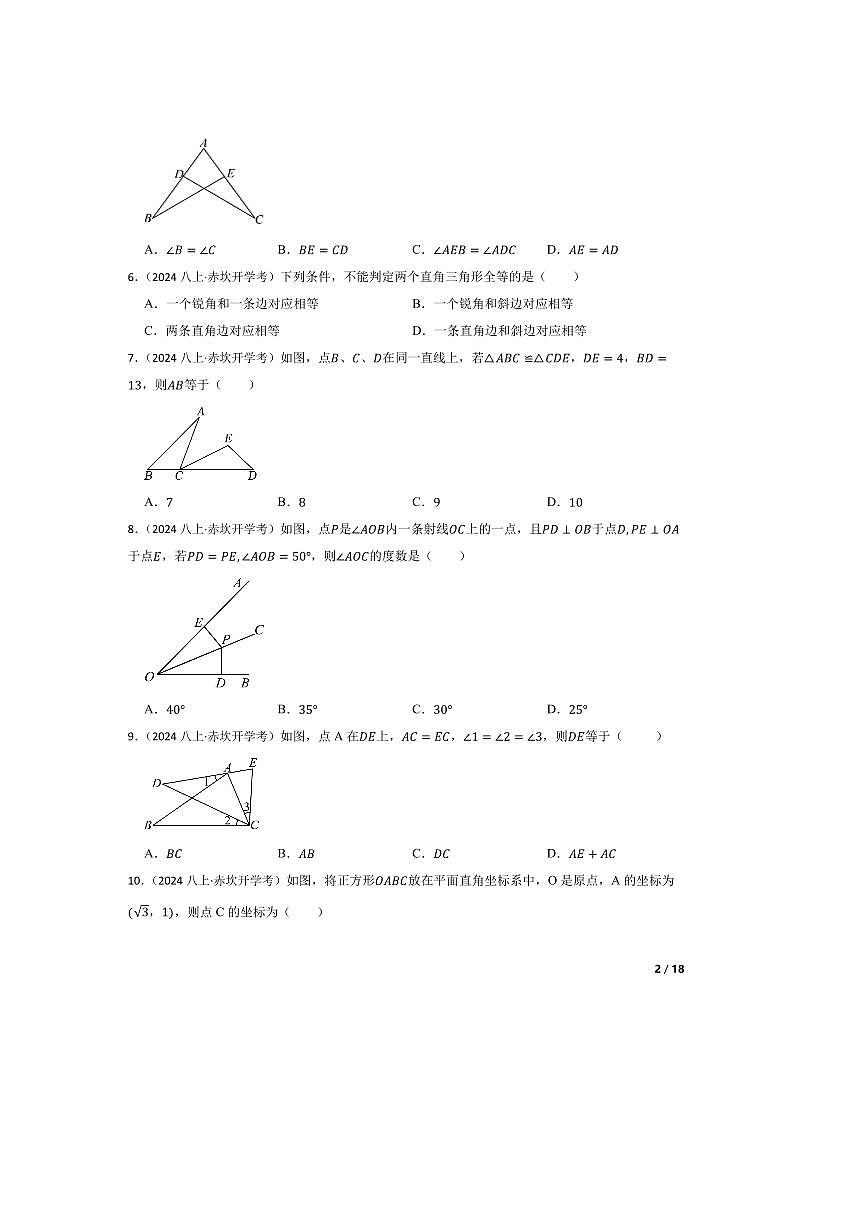 2024～2025学年广东省湛江市赤坎区培才学校八年级上开学考试数学试卷第2页