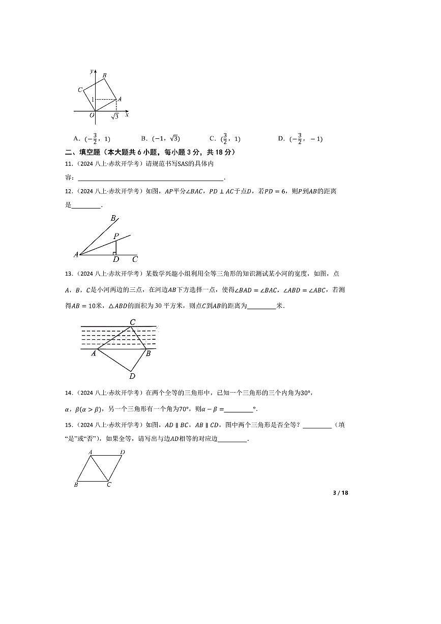 2024～2025学年广东省湛江市赤坎区培才学校八年级上开学考试数学试卷第3页