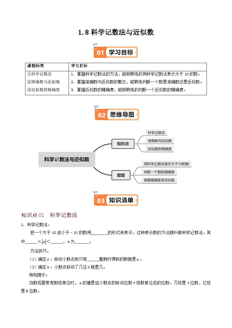 1.8 科学记数法与近似数（3个知识点+3类热点题型讲练+强化训练）-2024-2025学年七年级数学上册同步学与练（华东师大版2024）（原卷版）第1页