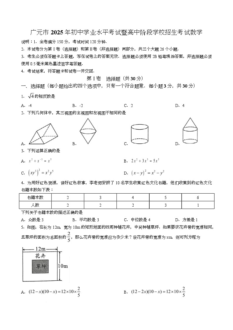 2025年四川省广元市中考数学真题(无答案)第1页