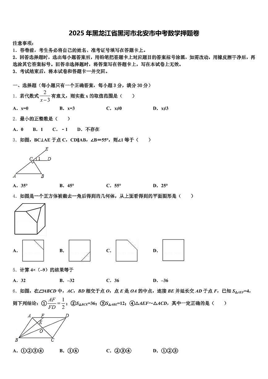 2025年黑龙江省黑河市北安市中考数学押题卷含解析第1页