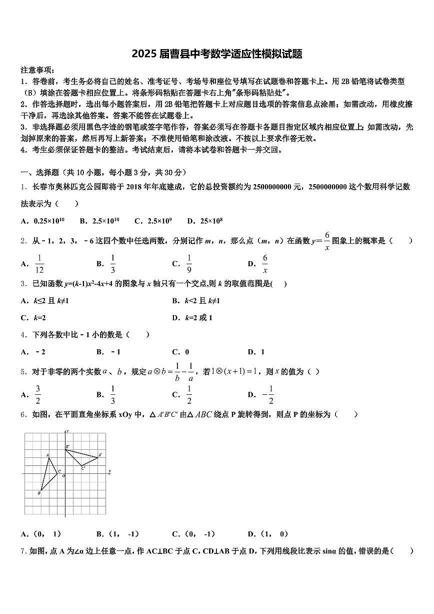 2025届曹县中考数学适应性模拟试题含解析第1页