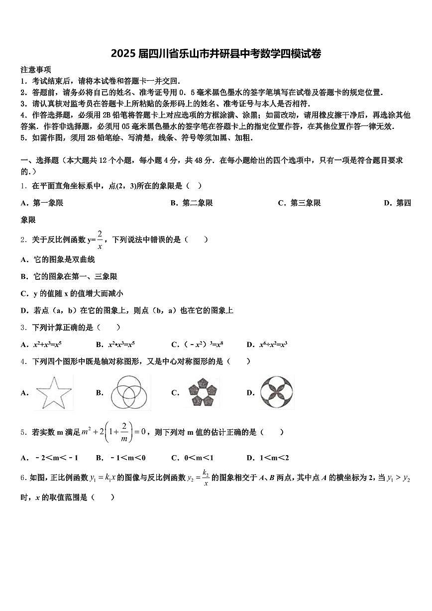 2025届四川省乐山市井研县中考数学四模试卷含解析第1页