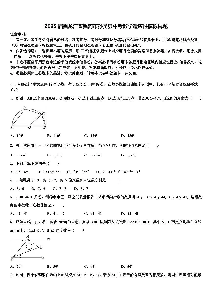 2025届黑龙江省黑河市孙吴县中考数学适应性模拟试题含解析第1页