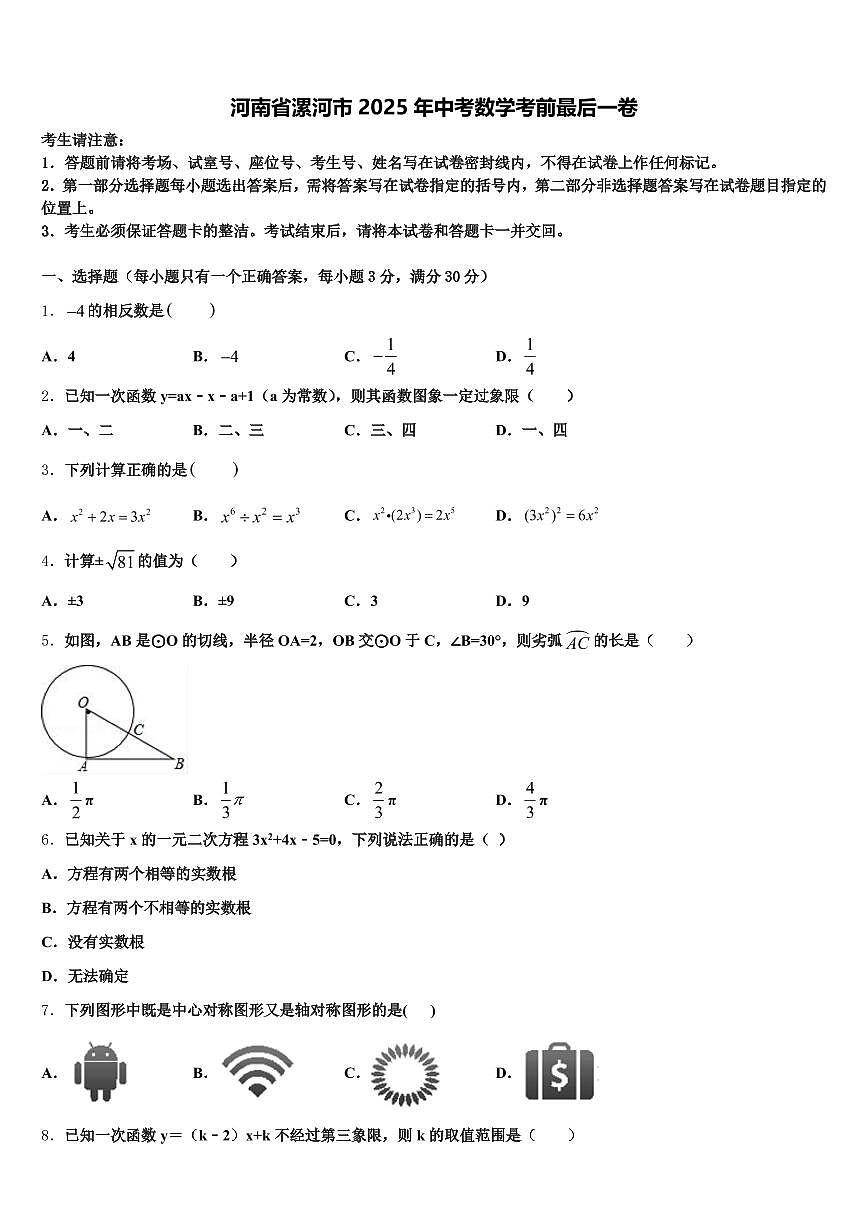 河南省漯河市2025年中考数学考前最后一卷含解析第1页