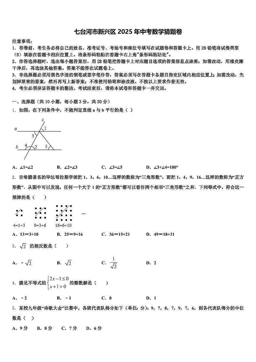 七台河市新兴区2025年中考数学猜题卷含解析第1页