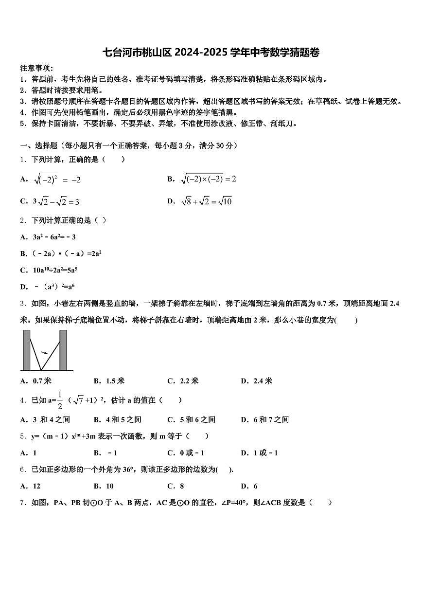 七台河市桃山区2024-2025学年中考数学猜题卷含解析第1页