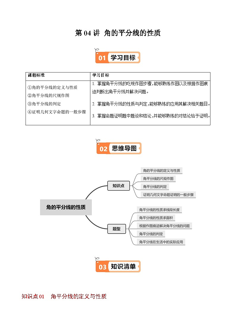 第14章第04讲  角的平分线的性质（4个知识点+5类热点题型讲练+习题巩固）（原卷版）第1页