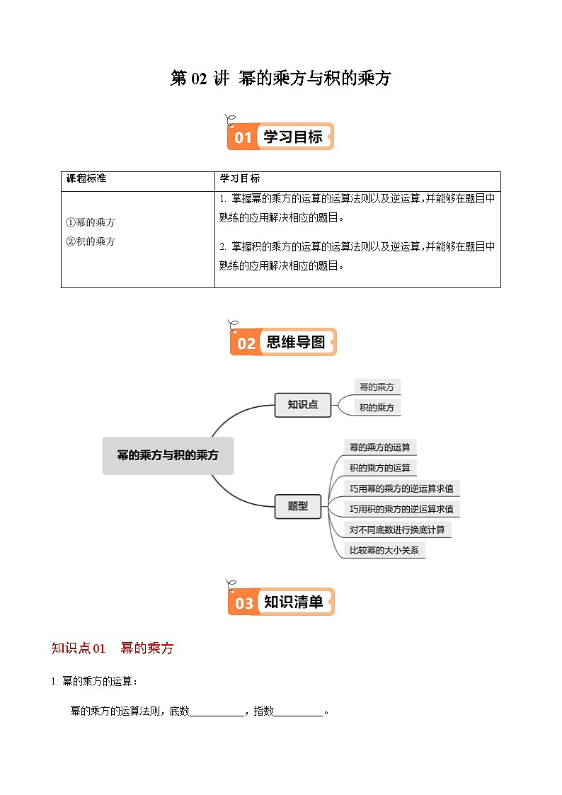 第16章第02讲  幂的乘方与积的乘方（2个知识点+6类热点题型讲练+习题巩固）（原卷版）第1页