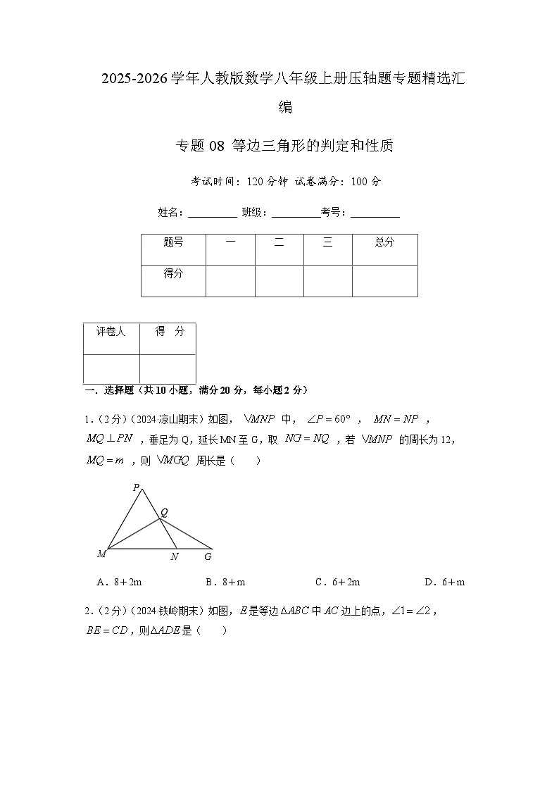 专题08 等边三角形的判定和性质（原卷版）第1页
