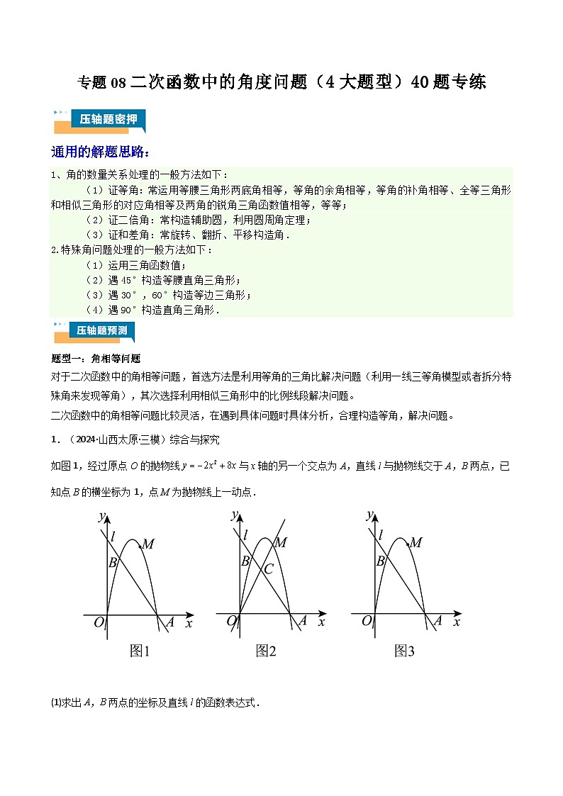 专题08 二次函数中的角度问题 (4大题型)40题专练 (学生版)第1页