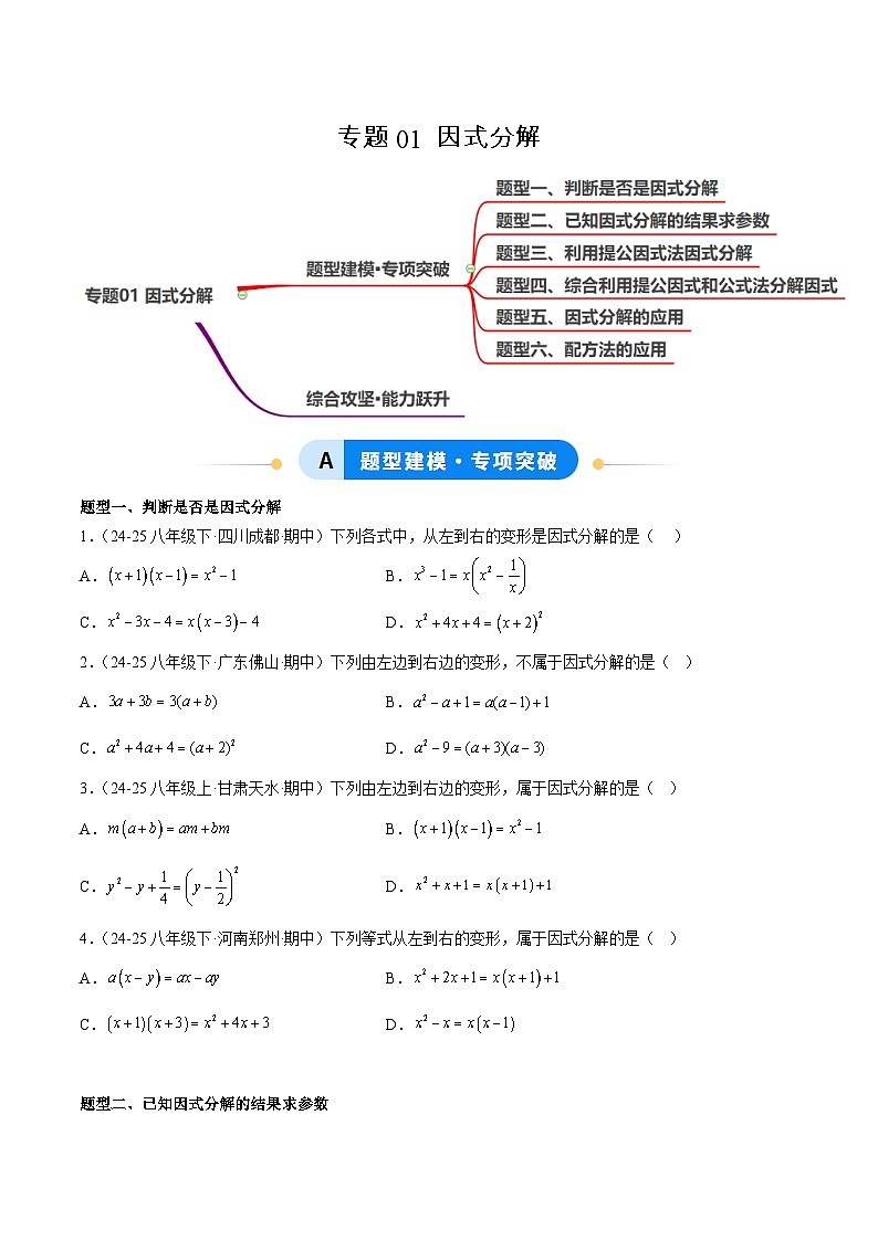 鲁教版八年级上册专题01 因式分解（专项训练）（原卷版）第1页