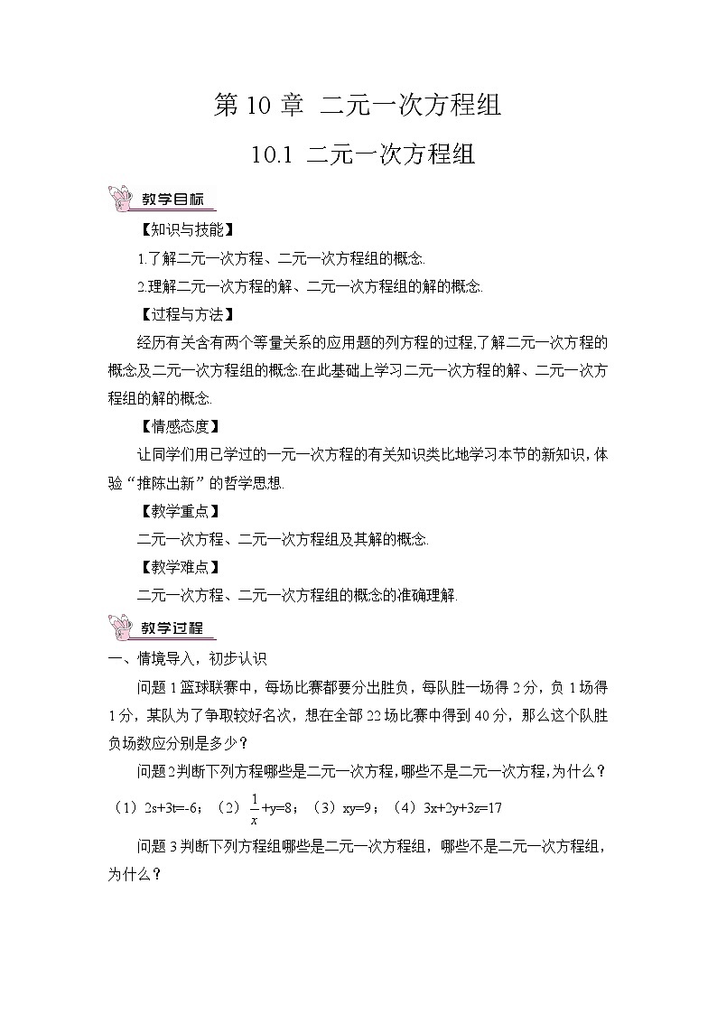 10.1 二元一次方程组（教案）第1页