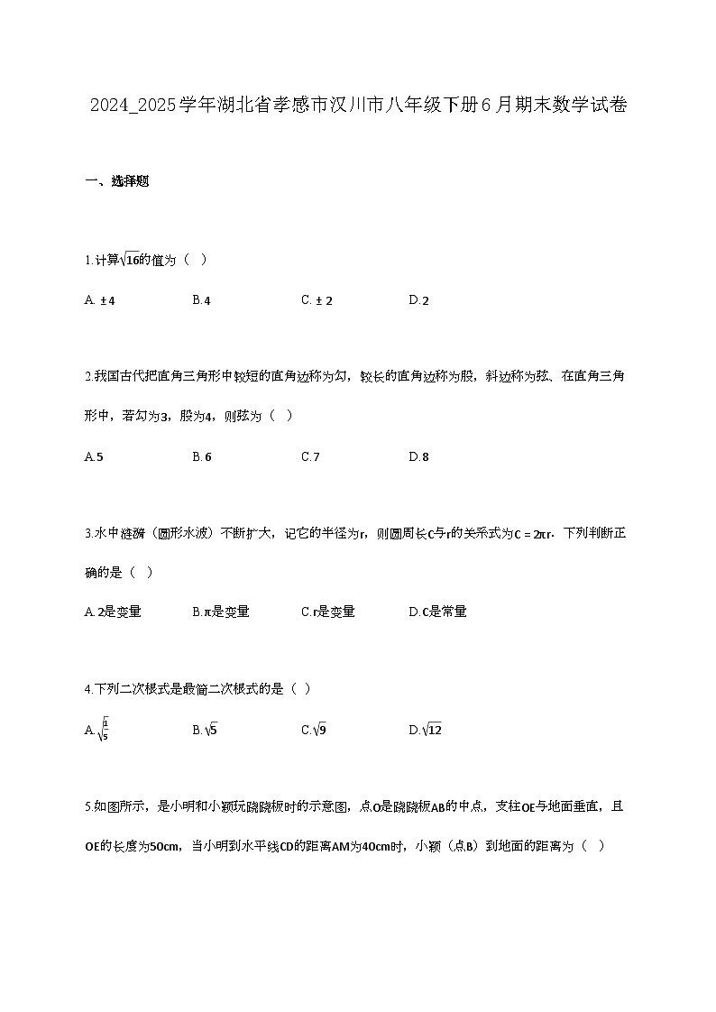 2024_2025学年湖北省孝感市汉川市八年级下册6月期末数学试卷第1页