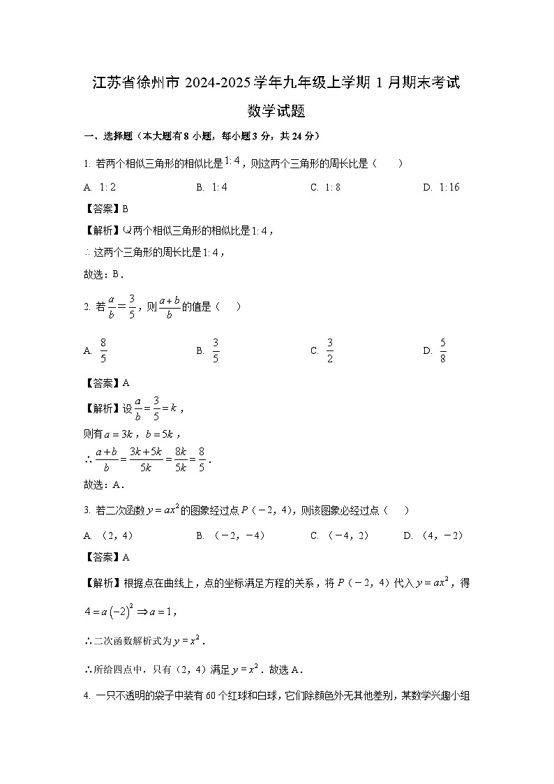 【数学】江苏省徐州市2024-2025学年九年级上学期1月期末考试试题（解析版）第1页