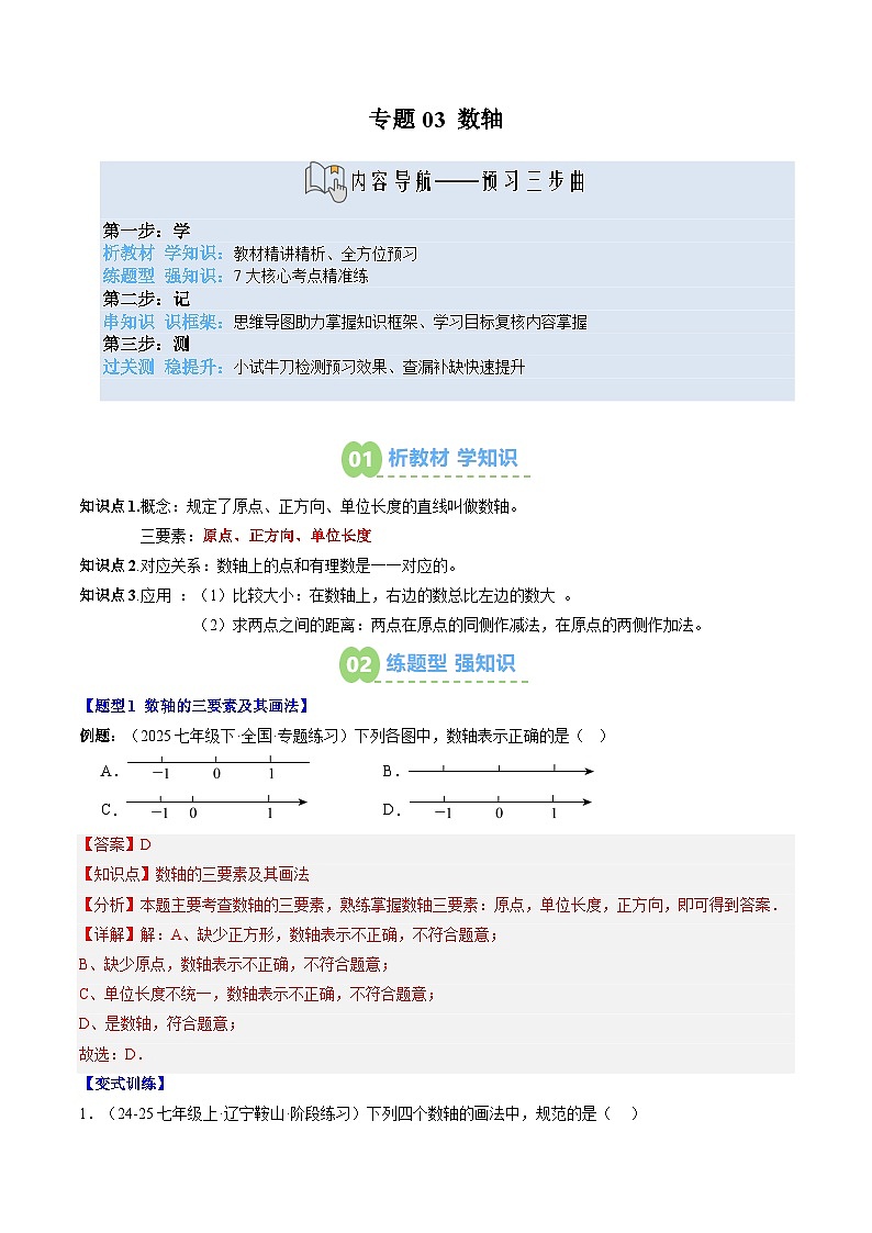 专题03 数轴 (3知识点+7大题型+思维导图+过关测) (答案解析)-2025年新七年级数学暑假衔接讲练 (人教版-新教材)解析版第1页