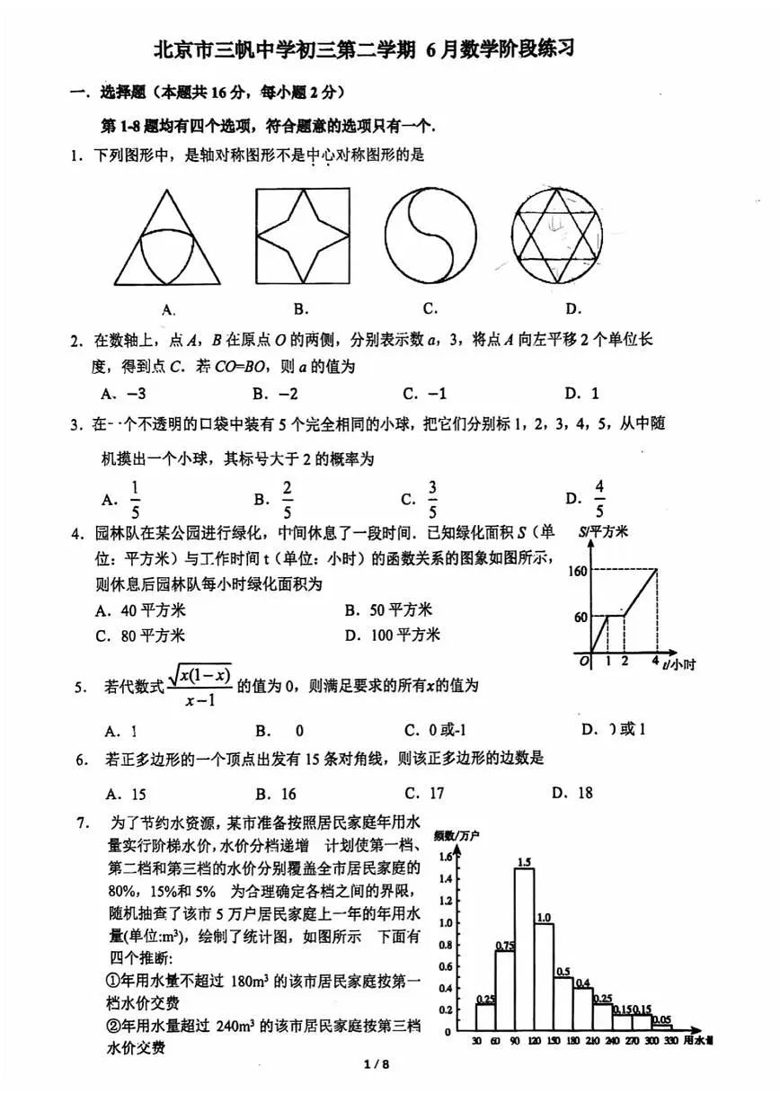 2025北京三帆中学初三下6月月考数学试卷 无答案第1页