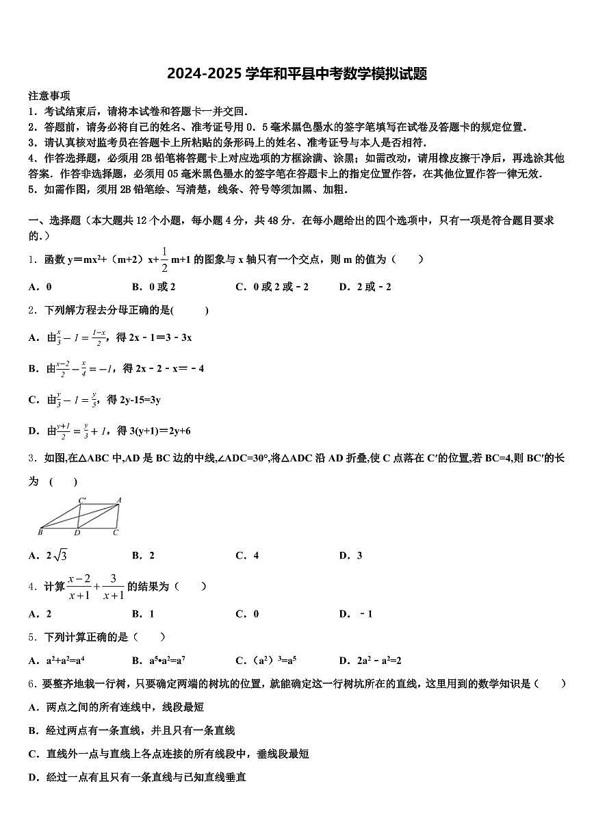 2024-2025学年和平县中考数学模拟试题含解析第1页