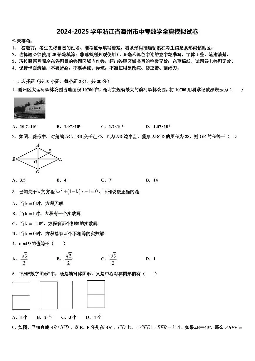 2024-2025学年浙江省漳州市中考数学全真模拟试卷含解析第1页