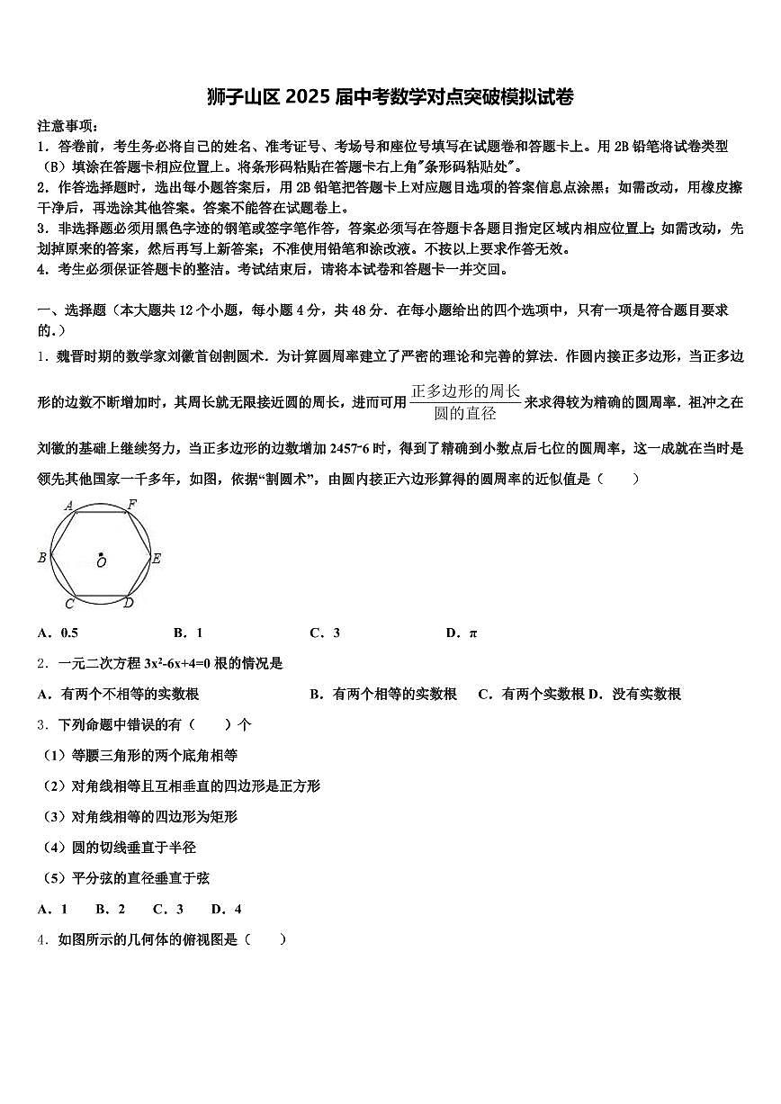 狮子山区2025届中考数学对点突破模拟试卷含解析第1页