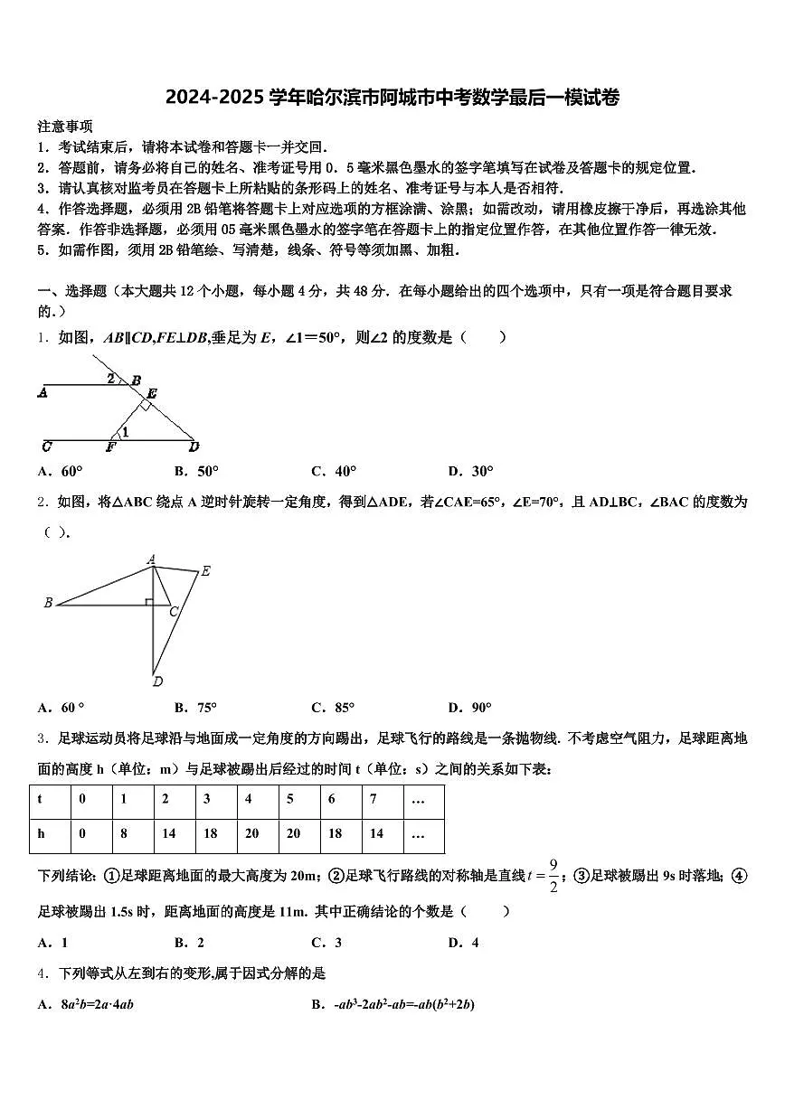 2024-2025学年哈尔滨市阿城市中考数学最后一模试卷含解析第1页