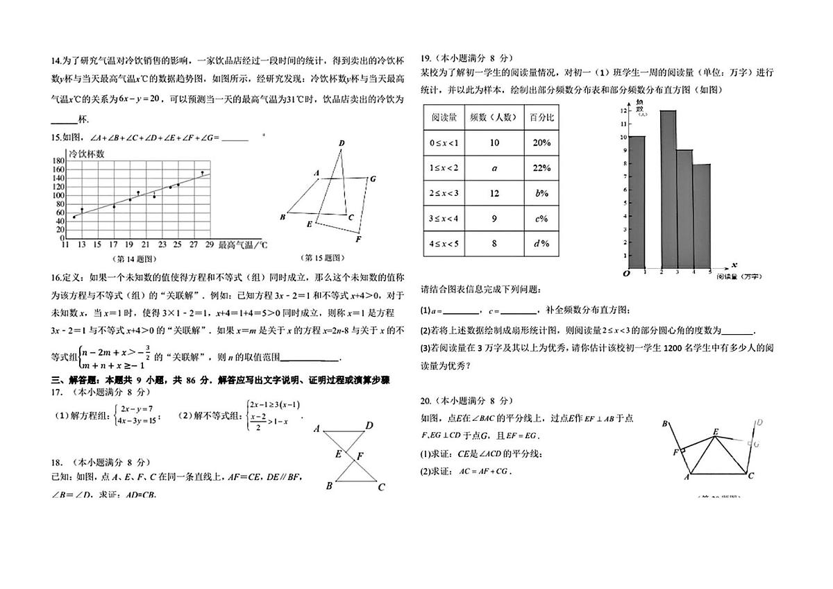 福建福州延安中学2024-2025学年七年级数学下册期末试卷  含答案第2页
