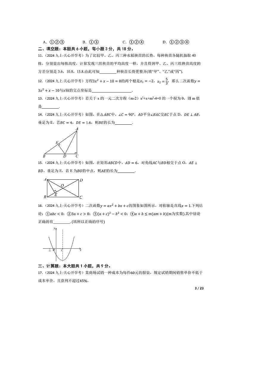 2024～2025学年湖南省长沙市天心区怡海中学九年级上入学数学试卷第3页