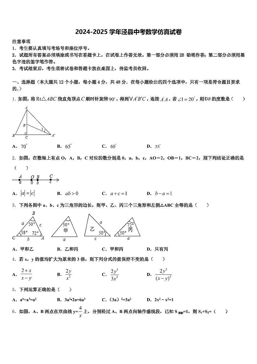 2024-2025学年泾县中考数学仿真试卷含解析第1页