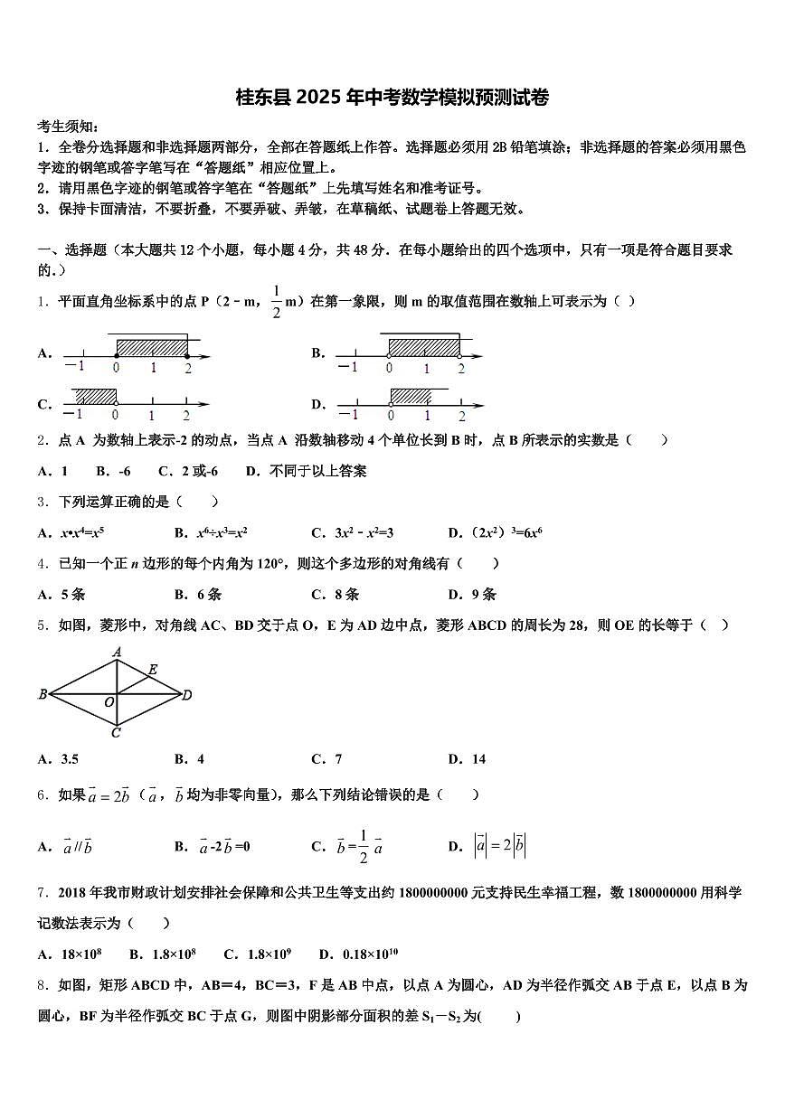 桂东县2025年中考数学模拟预测试卷含解析第1页