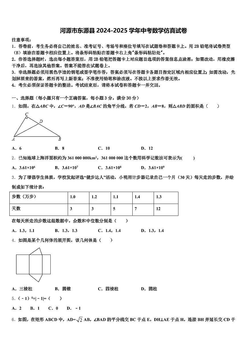 河源市东源县2024-2025学年中考数学仿真试卷含解析第1页