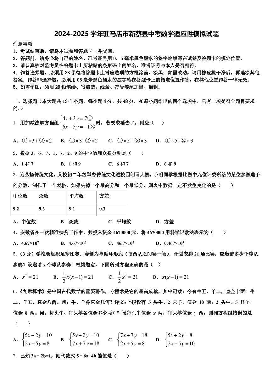 2024-2025学年驻马店市新蔡县中考数学适应性模拟试题含解析第1页
