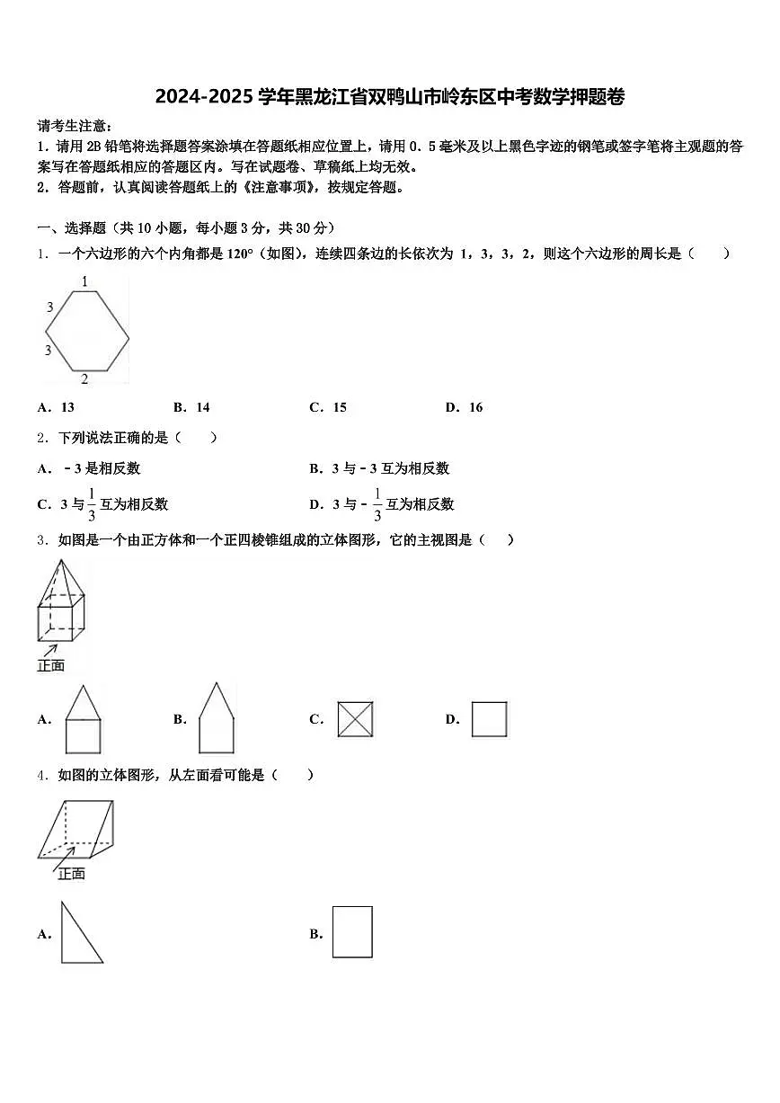 2024-2025学年黑龙江省双鸭山市岭东区中考数学押题卷含解析第1页