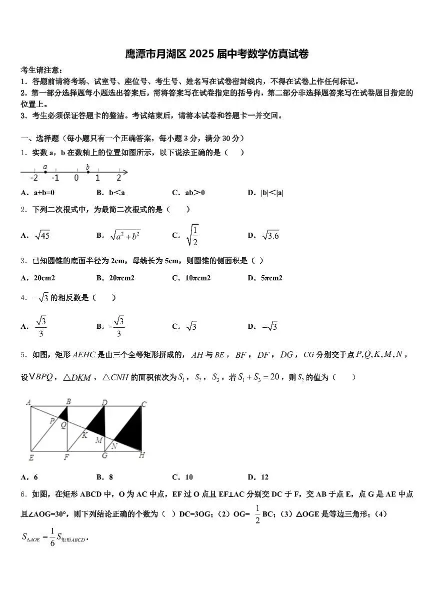 鹰潭市月湖区2025届中考数学仿真试卷含解析第1页